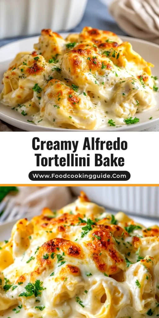 A delicious and cheesy Alfredo Tortellini Bake in a white casserole dish, ready to be served. The top is golden brown and bubbly.