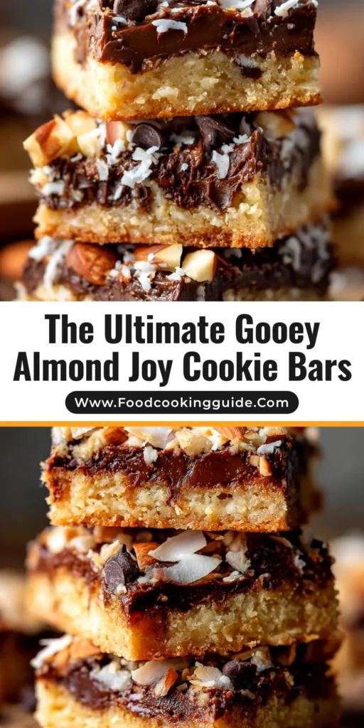 A stack of delicious Almond Joy Cookie Bars, showing the distinct layers of shortbread crust, chewy coconut, and a rich chocolate and almond topping.