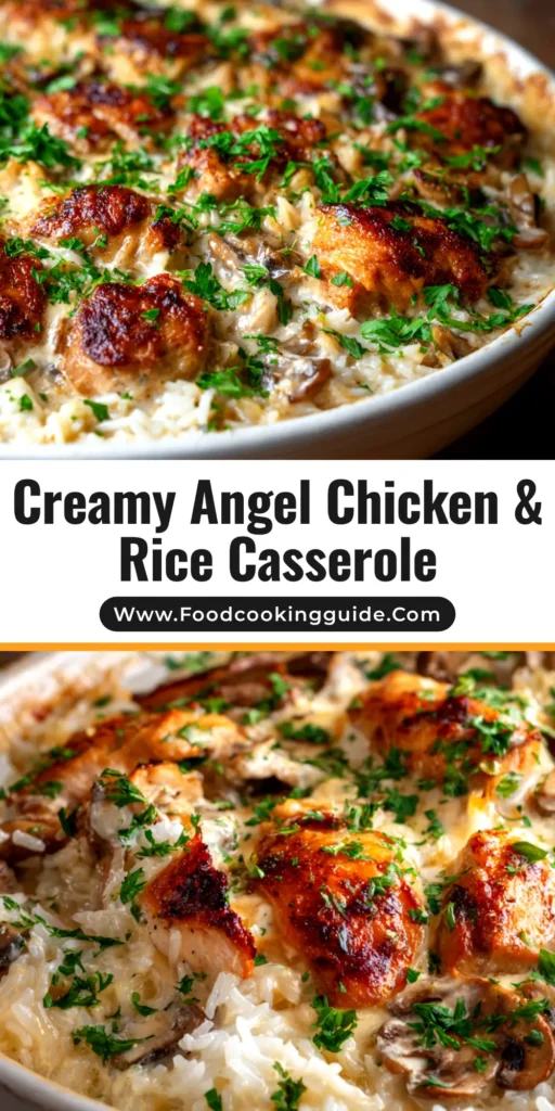A serving of creamy Angel Chicken Casserole on a white plate, showing the rich sauce, tender chicken, and golden almond topping.