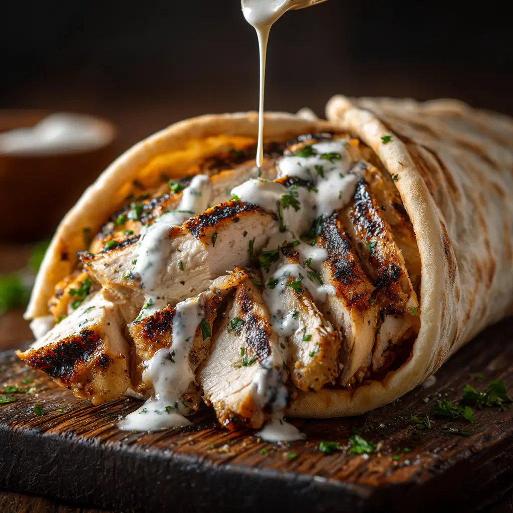 A freshly made chicken shawarma loaded with juicy marinated chicken and fresh vegetables before being wrapped.