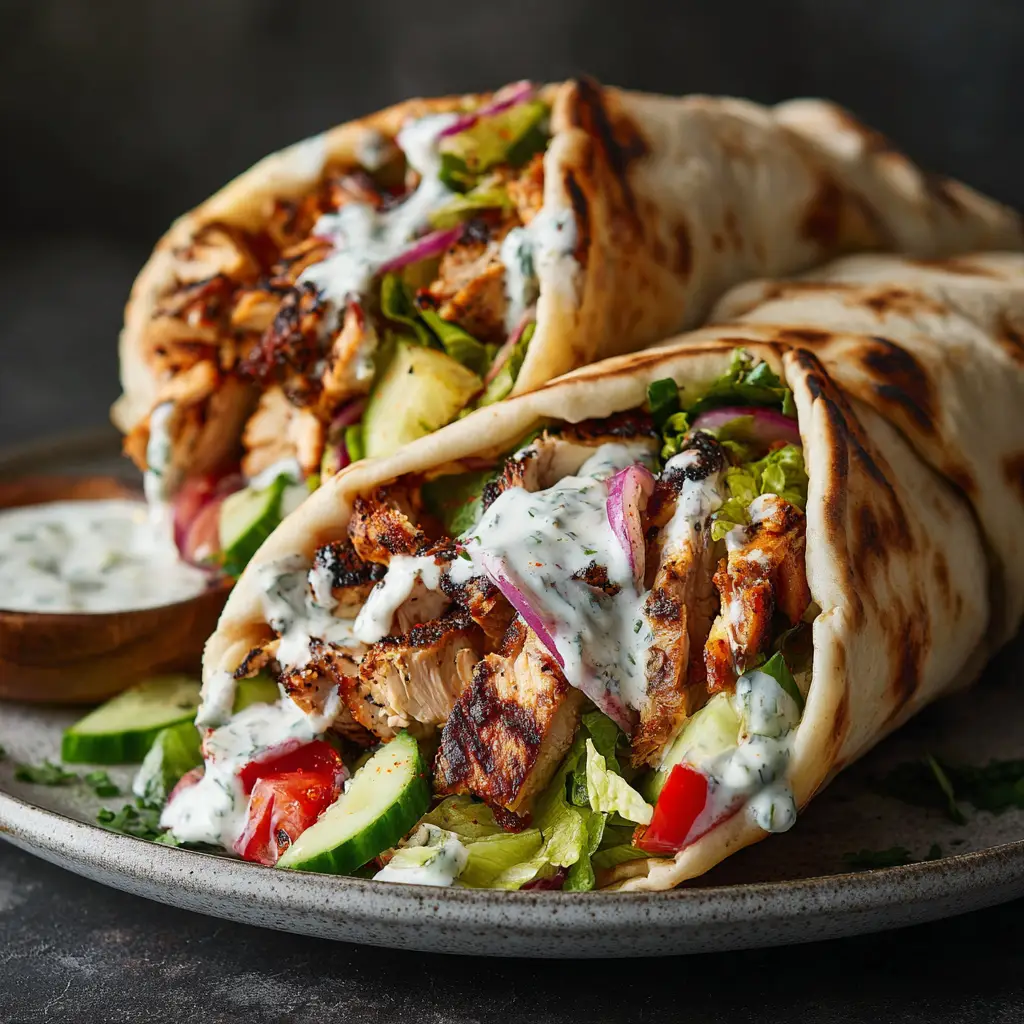 A mouth-watering shot of a chicken shawarma wrap being assembled, with tender sliced chicken piled high on a pita with garlic sauce.