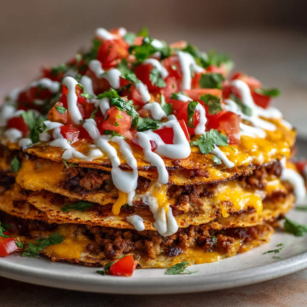 Assembling the Mexican pizza recipe by spreading seasoned ground beef over a layer of refried beans on a crispy fried tortilla.