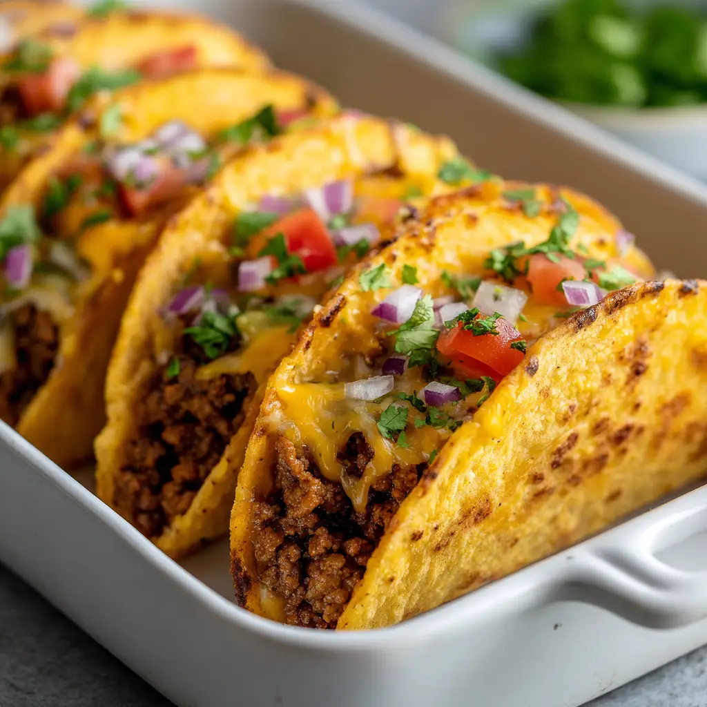 The process of how to make tacos in the oven, showing taco shells being filled with ground beef and cheese before baking.