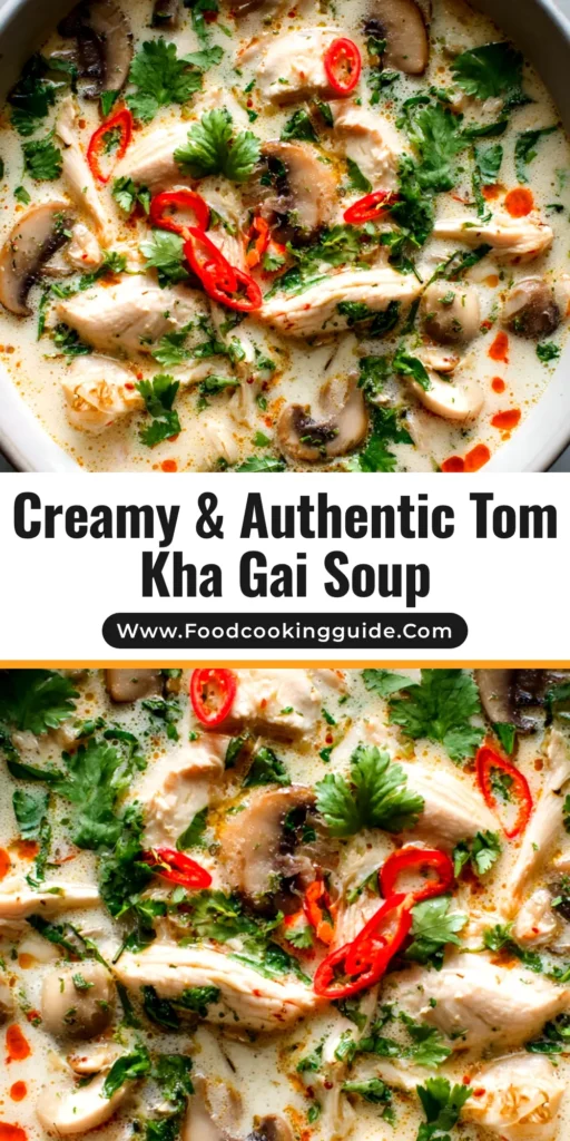 A beautiful overhead shot of a bowl of authentic Tom Kha Gai, a creamy Thai coconut chicken soup garnished with fresh cilantro and chili. A spoon rests in the bowl, ready to be enjoyed.