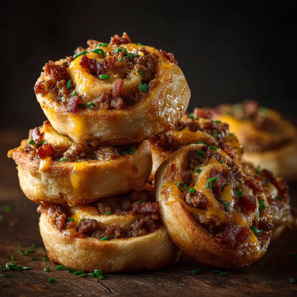 A person holding a single bacon cheeseburger pinwheel to show the perfect swirl of beef, cheese, and bacon inside the appetizer.