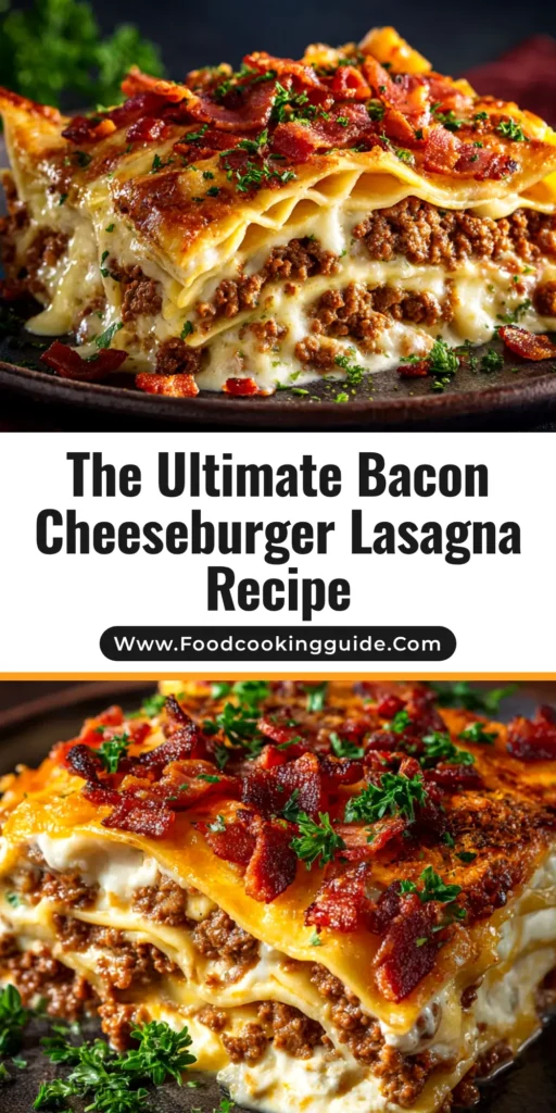 A close-up overhead shot of a 9x13 baking dish filled with golden-brown Bacon Cheeseburger Lasagna, topped with melted cheddar cheese and crumbled bacon.