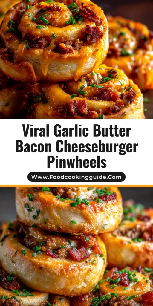 A platter of golden-brown baked Bacon Cheeseburger Pinwheels, showing the cheesy, beefy filling swirled inside the flaky crust. Perfect appetizer for a party.