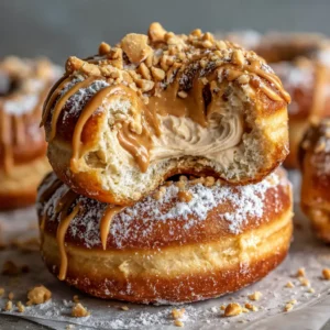 A baked donut sliced in half, revealing a fluffy interior, ready to be filled with creamy peanut butter cheesecake filling.