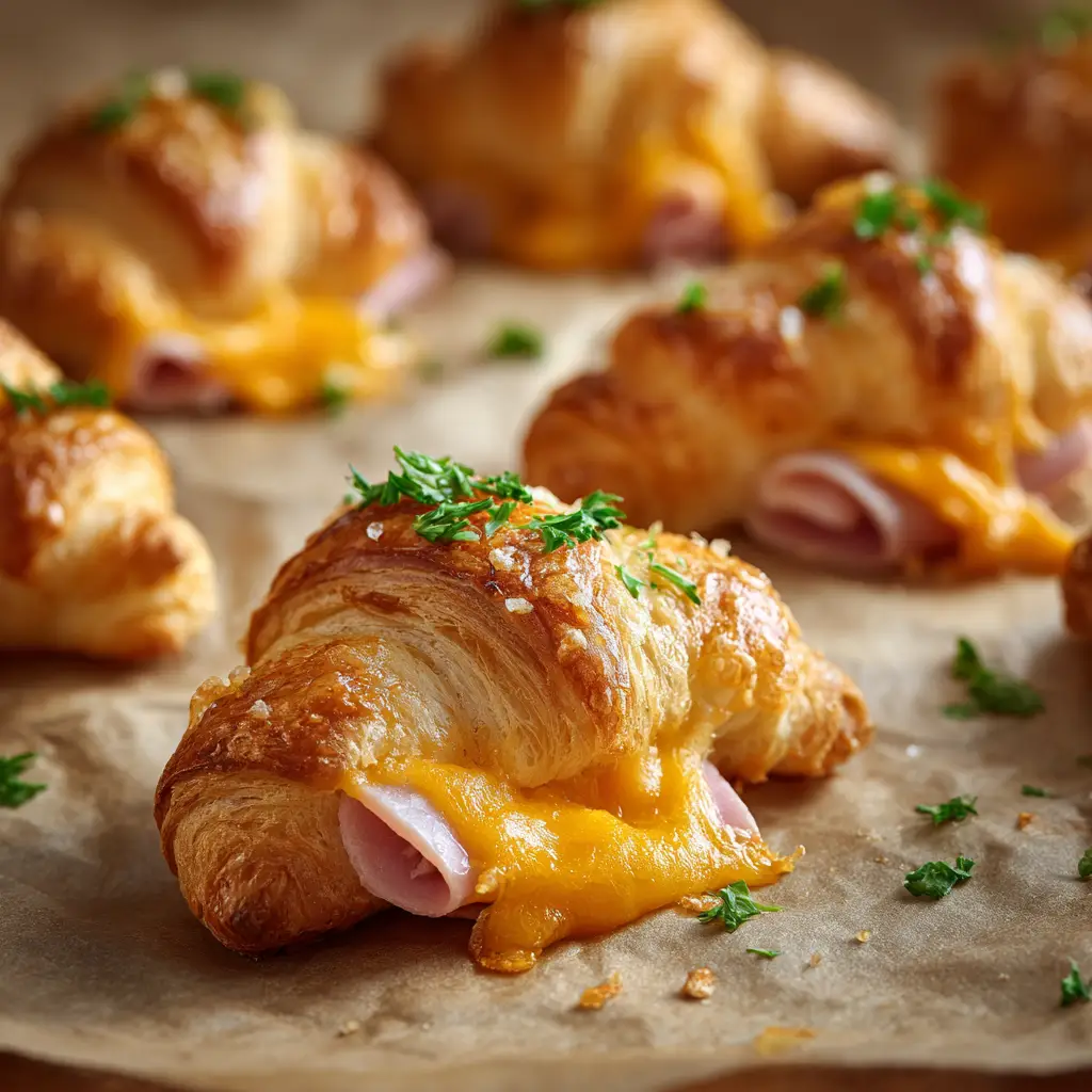 A batch of ham and cheese crescent roll-ups arranged on a baking sheet right after coming out of the oven, with steam rising.