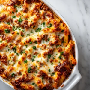 A 9x13 inch baking dish filled with baked mostaccioli casserole, topped with golden brown mozzarella and fresh parsley.