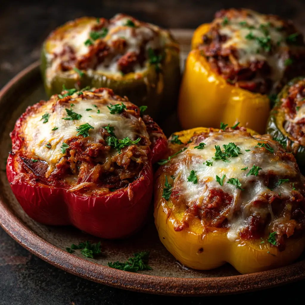 Extreme close-up of a single baked pizza stuffed pepper, highlighting the melted mozzarella cheese, pepperoni, and savory meat filling inside a red bell pepper.