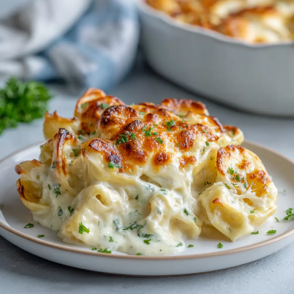 The Alfredo Tortellini Bake casserole fresh out of the oven, with bubbly, golden-brown mozzarella cheese on top.
