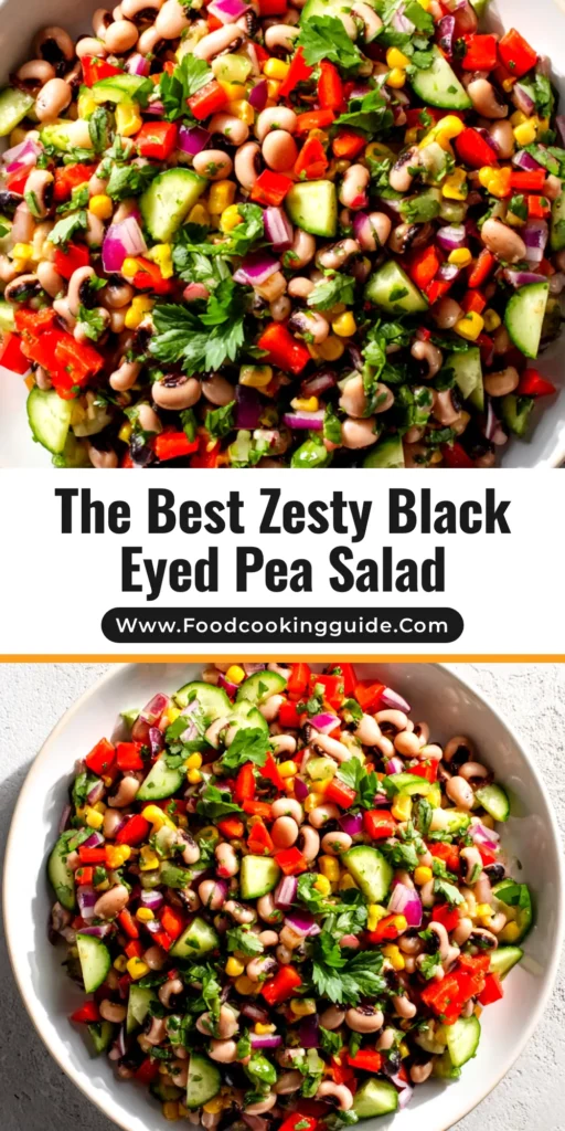 A colorful bowl of Black Eyed Pea Salad, also known as Texas Caviar, with fresh vegetables and a zesty vinaigrette. Perfect for potlucks.