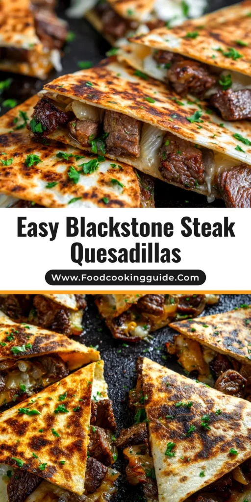Golden-brown Blackstone Steak Quesadillas cut into wedges, revealing a cheesy, steak-filled interior. The ultimate griddle recipe for a quick and easy weeknight dinner.