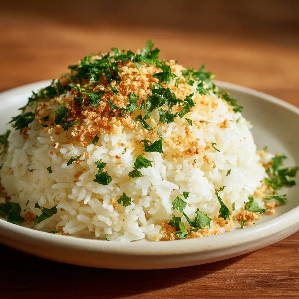 A mound of buttery garlic rice in a white bowl, ready to be served as a delicious side dish.
