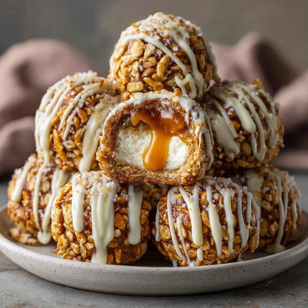 A top-down view of several caramel pretzel truffles on a serving plate, garnished with flaky sea salt.