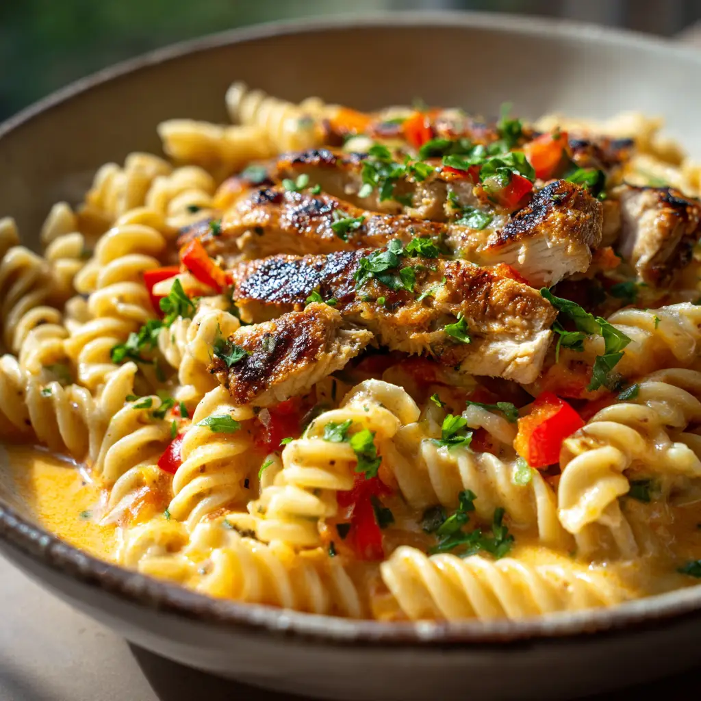 A rustic white bowl filled with finished Creamy Rasta Pasta, garnished with fresh parsley and ready to be served.