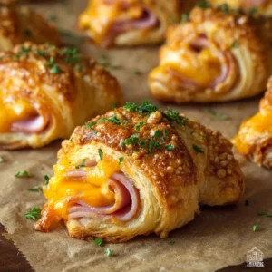 An extreme close-up of a single ham and cheese crescent roll-up, highlighting the flaky, golden-brown crust and melted cheese.