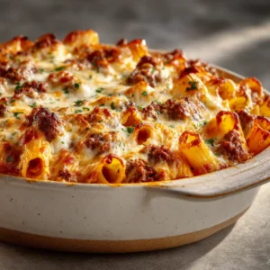 A close-up view of the baked Italian sausage and pasta casserole, highlighting the melted mozzarella and parmesan cheese topping.