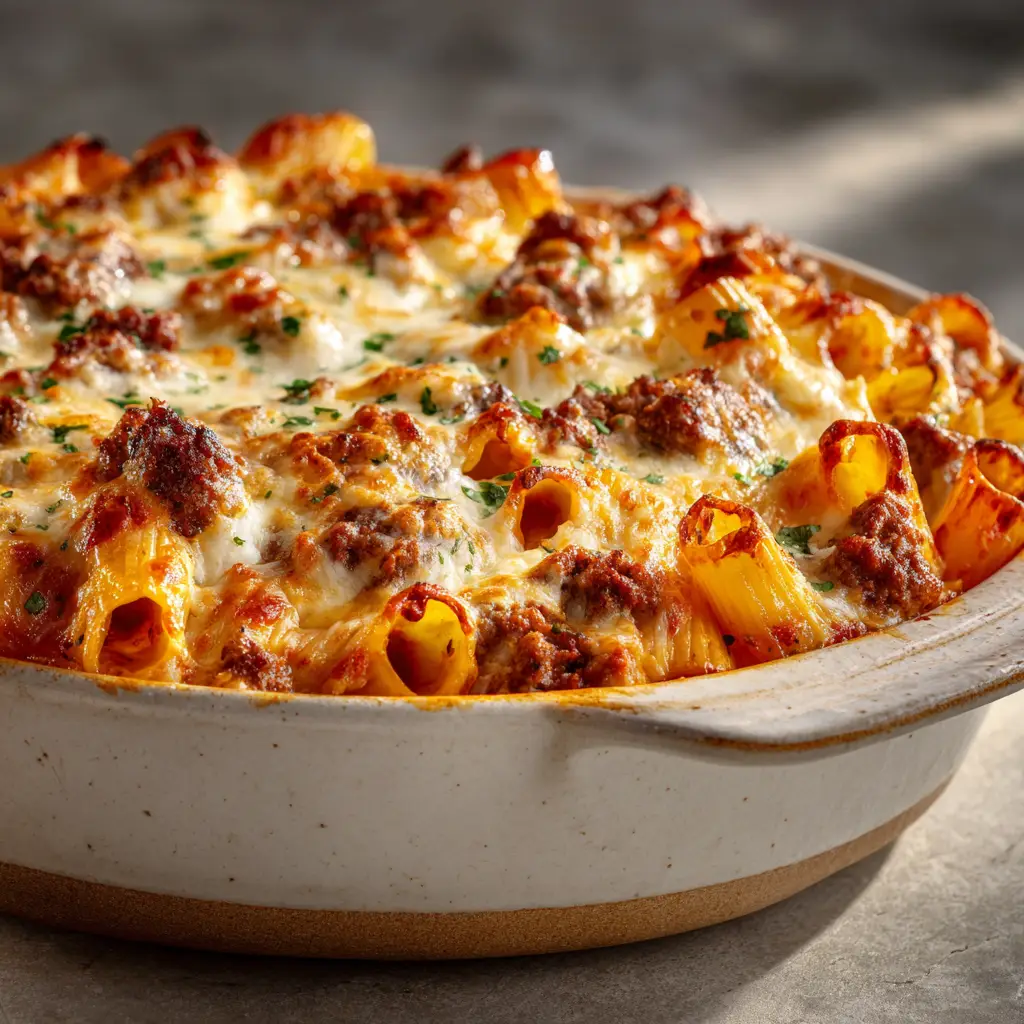 A close-up view of the baked Italian sausage and pasta casserole, highlighting the melted mozzarella and parmesan cheese topping.