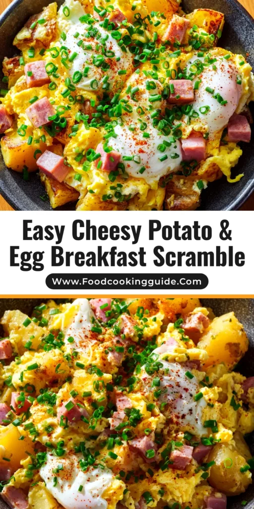 A delicious and hearty cheesy potato egg scramble served in a cast iron skillet, garnished with fresh chives. The perfect one-pan breakfast recipe.