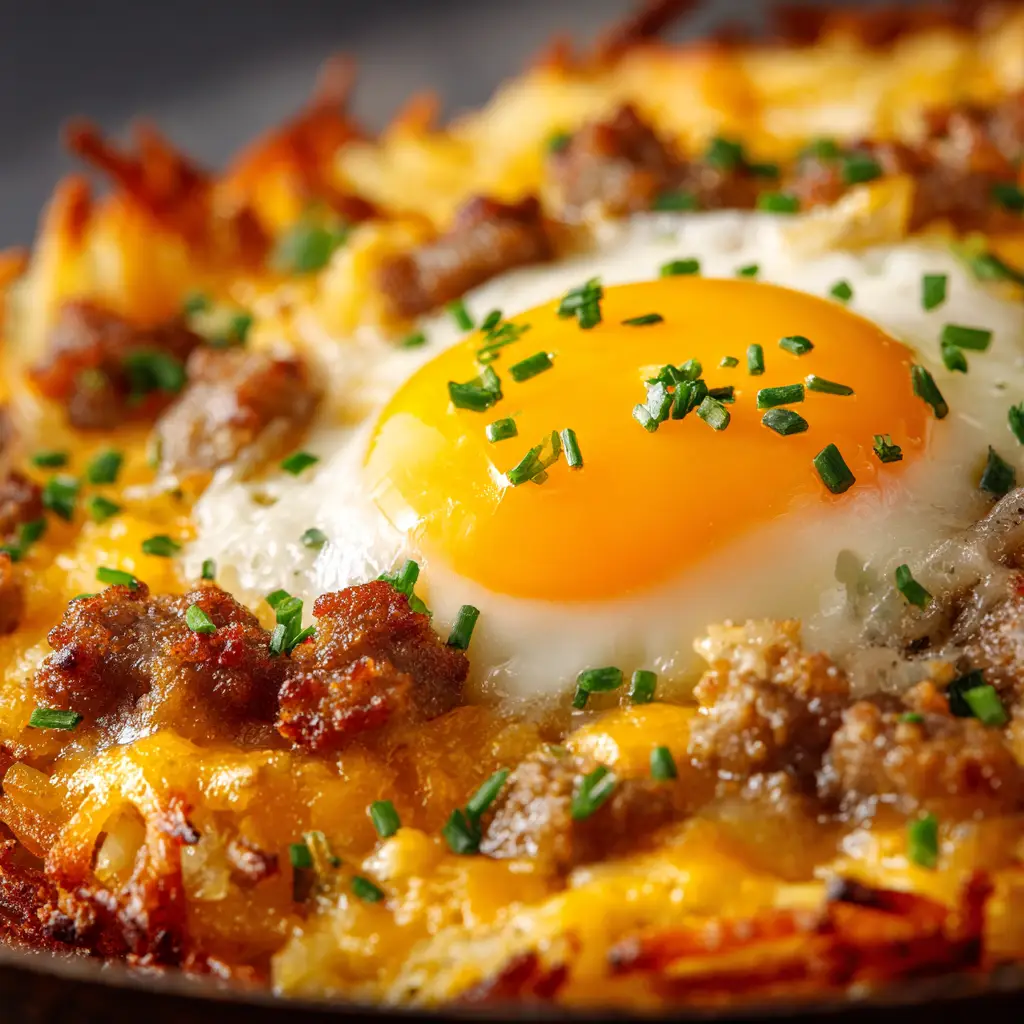 An extreme close-up of the cheesy, golden-brown top of a freshly baked sausage hashbrown breakfast casserole, ready to be served.