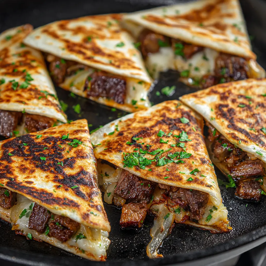 A stack of delicious, cheesy steak quesadillas, garnished with fresh cilantro and served with a side of salsa and sour cream.