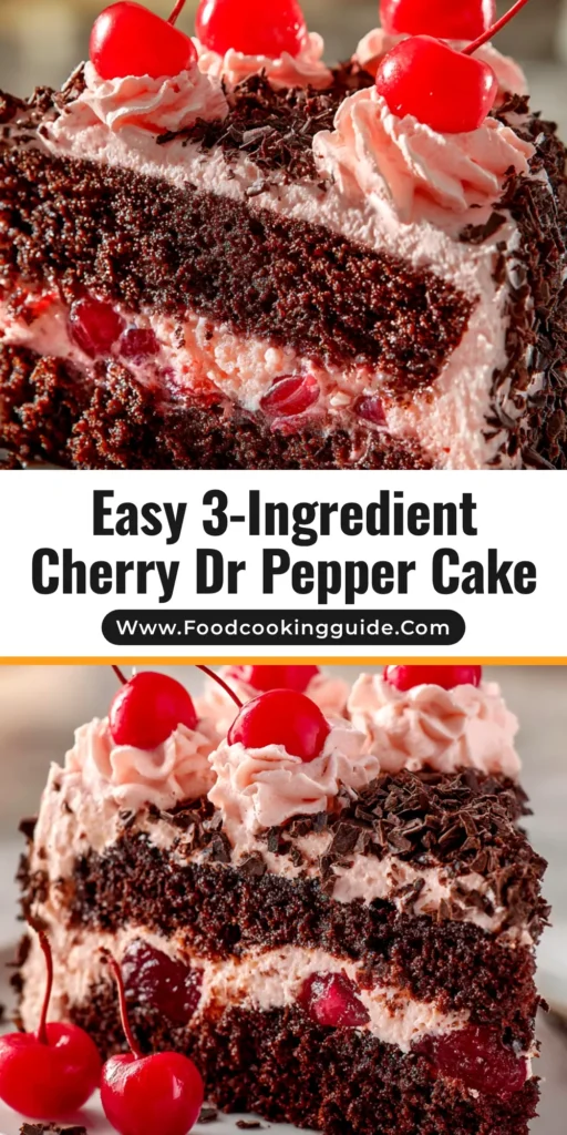 A slice of moist Cherry Dr Pepper Cake on a white plate, showcasing the rich chocolate cake and vibrant pink cherry frosting, with a can of Dr Pepper in the background.