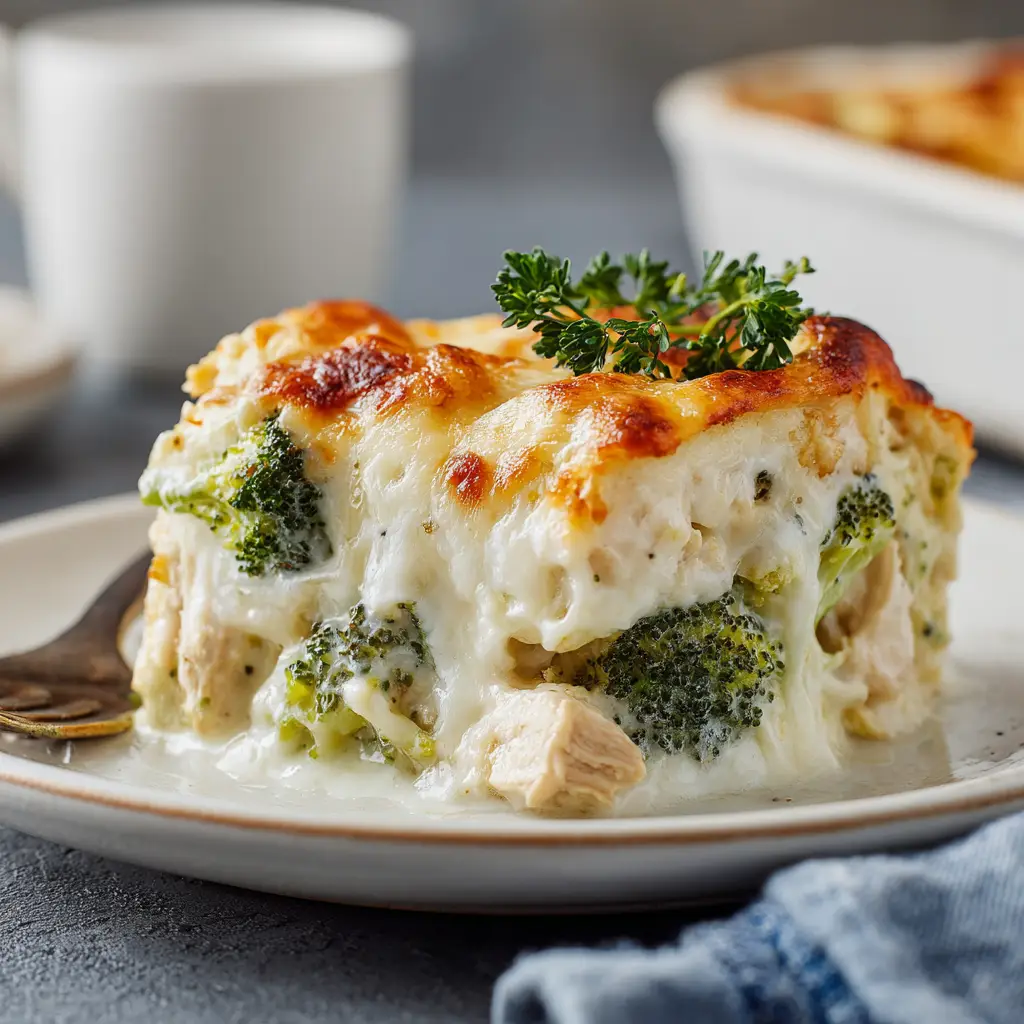 Chicken Divan Casserole (The BEST Classic Recipe) 1 A close-up shot of the golden breadcrumb topping on the chicken divan casserole in the baking dish.