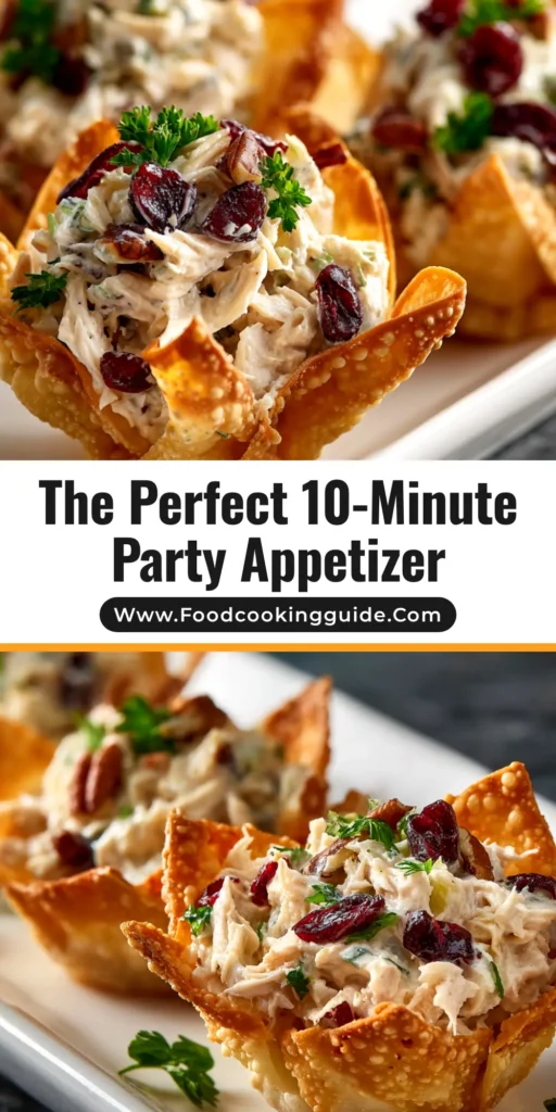 A platter of crispy Chicken Salad Wonton Cups, garnished with fresh dill. This easy appetizer recipe is perfect for parties and gatherings.