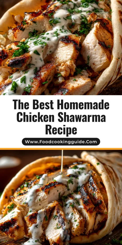 A delicious and easy Chicken Shawarma Recipe, showing juicy chicken piled high in a pita wrap with fresh vegetables and a creamy garlic sauce.