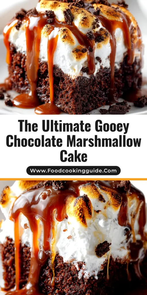A top-down view of a delicious Chocolate Marshmallow Poke Cake in a baking dish, featuring a perfectly toasted marshmallow frosting and a slice removed to show the gooey hot fudge interior.