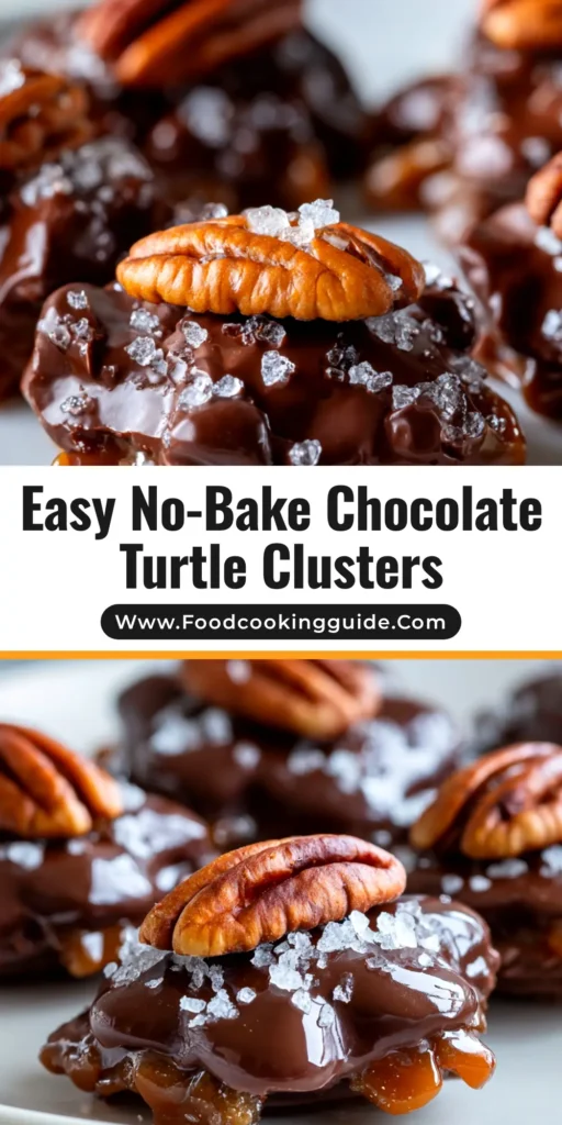 A delectable stack of homemade Chocolate Pecan Turtle Clusters on a white plate. This easy no-bake candy recipe is perfect for the holidays.