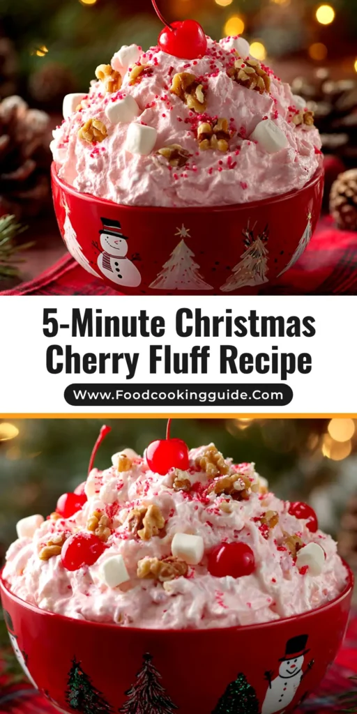 A large glass bowl of festive Christmas Cherry Fluff salad, garnished with fresh cherries and mint. The pink, creamy dessert is ready to be served.