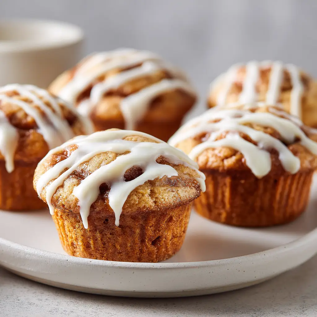 A close-up of a single cinnamon roll muffin generously drizzled with cream cheese glaze.