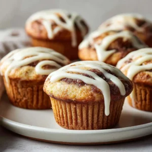 A batch of freshly baked cinnamon roll muffins with a cinnamon sugar swirl, cooling on a wire rack before being glazed.