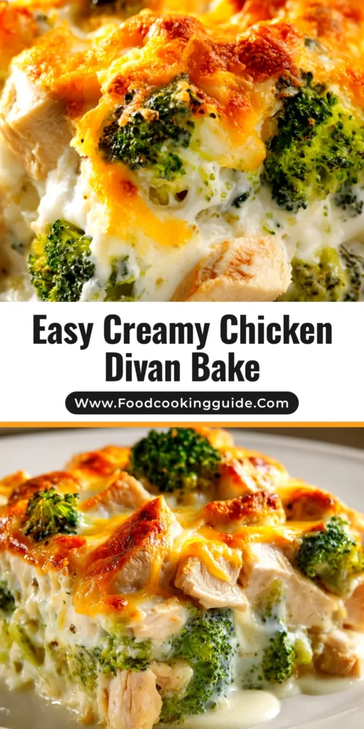 Chicken Divan Casserole (The BEST Classic Recipe) 3 A close-up overhead shot of a golden-brown baked Chicken Divan Casserole in a white baking dish, ready to be served.