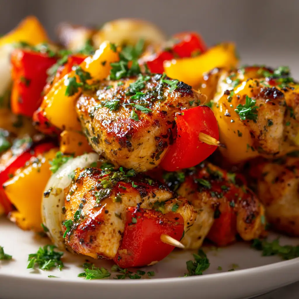 A baked chicken kabob resting on a baking sheet, showing the tender chicken and perfectly roasted vegetables.