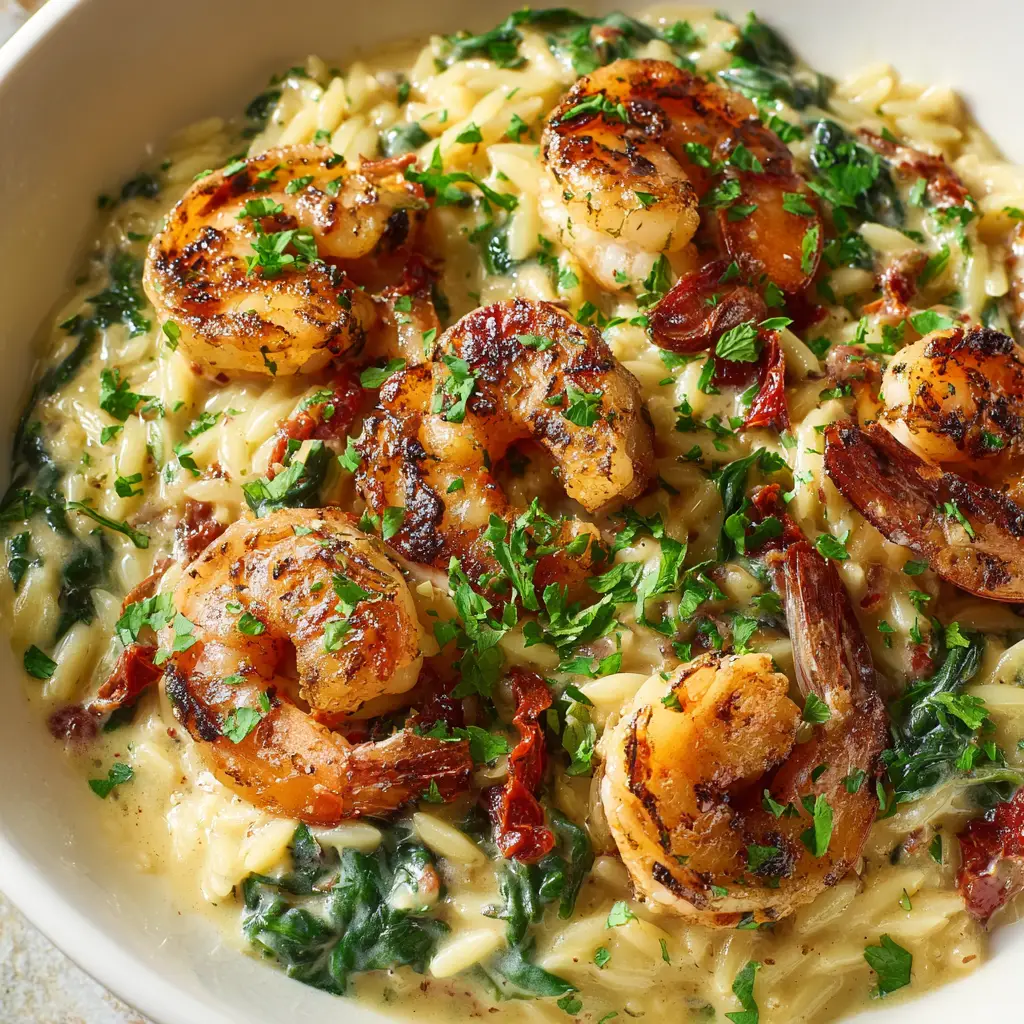 A shot of the one-pan tuscan shrimp orzo cooking in a skillet, with fresh spinach just being added to the creamy sauce.