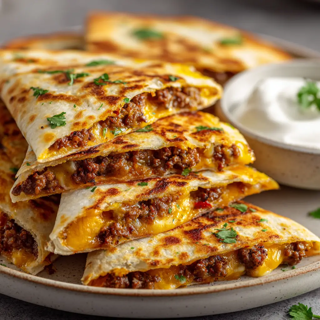 A golden-brown, crispy flour tortilla being cooked in a skillet for the ultimate beef quesadilla recipe.