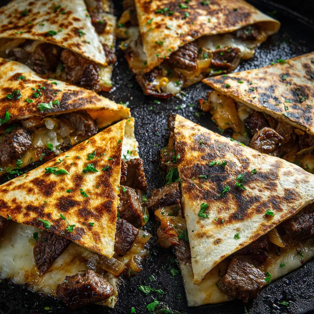 Close-up of perfectly seared steak strips and colorful bell peppers sizzling on a Blackstone griddle for steak quesadillas.
