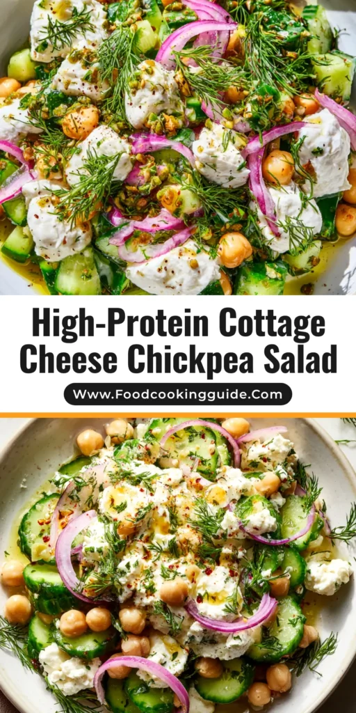 A top-down view of a vibrant Cottage Cheese Chickpea Salad in a white bowl, garnished with fresh dill. This high-protein salad is perfect for a healthy lunch.