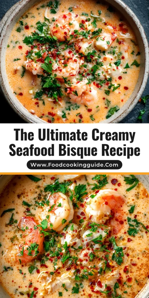 A close-up shot of a bowl of creamy Crab and Shrimp Bisque, garnished with fresh parsley and lump crab meat, with a spoon resting on the side.