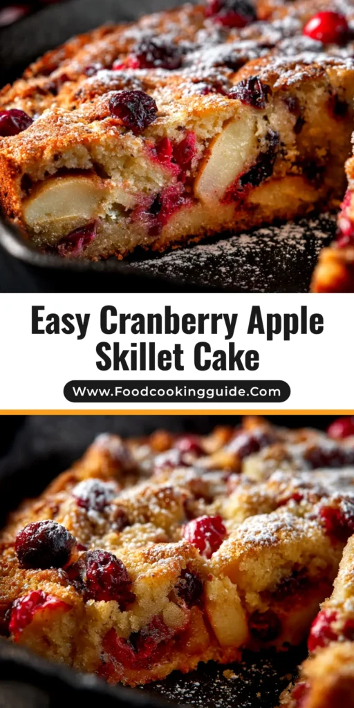 Cranberry Apple Skillet Cake (The Perfect Holiday Dessert) 3 A beautiful overhead shot of a rustic Cranberry Apple Skillet Cake, fresh out of the oven in a cast-iron skillet, with a slice taken out to show the moist crumb.