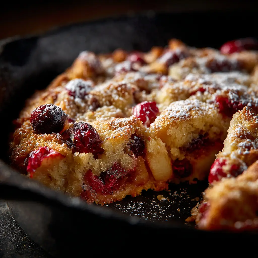 A close-up shot of the caramelized apple and cranberry topping on the skillet cake, glistening under warm light.