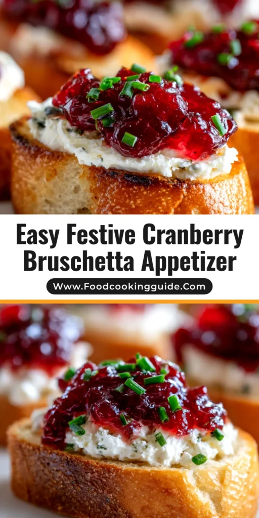 A top-down view of Cranberry Pepper Jelly Bruschetta arranged on a wooden board, highlighting the festive colors of the appetizer.