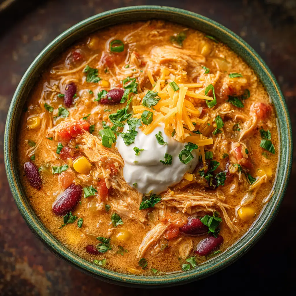 The ingredients for crockpot cream cheese chicken chili laid out, including chicken breasts, beans, and a block of cream cheese.