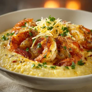 A close-up shot of creamy cheddar grits in a white ceramic bowl, showcasing the rich and smooth texture before the shrimp is added. Part of our easy shrimp and grits recipe.