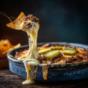 An extreme close-up shot of cheesy ground beef dip, highlighting the creamy texture of the Slow Cooker Big Mac Dip.