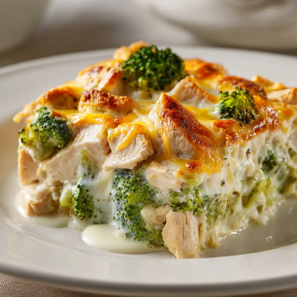 Chicken Divan Casserole (The BEST Classic Recipe) 2 A square slice of creamy chicken divan casserole on a white plate, showing the layers of chicken, broccoli, and cheese sauce.